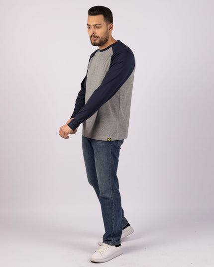 MEDIUM GREY MELANGE - NAVY BLUE | Adult Long Sleeve Baseball Tshirt - Adult Long Sleeve Baseball Tshirt - Jobedu Jordan