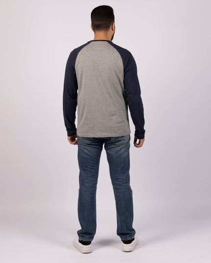 MEDIUM GREY MELANGE - NAVY BLUE | Adult Long Sleeve Baseball Tshirt - Adult Long Sleeve Baseball Tshirt - Jobedu Jordan