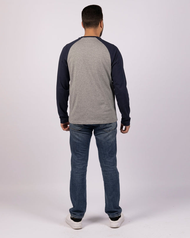 MEDIUM GREY MELANGE - NAVY BLUE | Adult Long Sleeve Baseball Tshirt - Adult Long Sleeve Baseball Tshirt - Jobedu Jordan