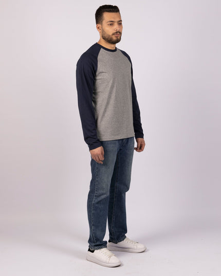 MEDIUM GREY MELANGE - NAVY BLUE | Adult Long Sleeve Baseball Tshirt - Adult Long Sleeve Baseball Tshirt - Jobedu Jordan