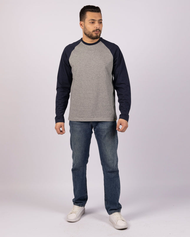MEDIUM GREY MELANGE - NAVY BLUE | Adult Long Sleeve Baseball Tshirt - Adult Long Sleeve Baseball Tshirt - Jobedu Jordan
