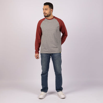 MEDIUM GREY MELANGE - RED ROCK | Adult Long Sleeve Baseball Tshirt - Adult Long Sleeve Baseball Tshirt - Jobedu Jordan