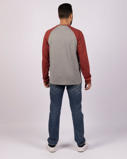 MEDIUM GREY MELANGE - RED ROCK | Adult Long Sleeve Baseball Tshirt - Adult Long Sleeve Baseball Tshirt - Jobedu Jordan