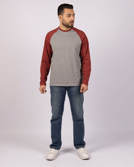 MEDIUM GREY MELANGE - RED ROCK | Adult Long Sleeve Baseball Tshirt - Adult Long Sleeve Baseball Tshirt - Jobedu Jordan