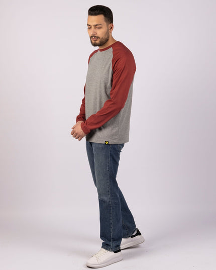 MEDIUM GREY MELANGE - RED ROCK | Adult Long Sleeve Baseball Tshirt - Adult Long Sleeve Baseball Tshirt - Jobedu Jordan