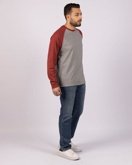 MEDIUM GREY MELANGE - RED ROCK | Adult Long Sleeve Baseball Tshirt - Adult Long Sleeve Baseball Tshirt - Jobedu Jordan