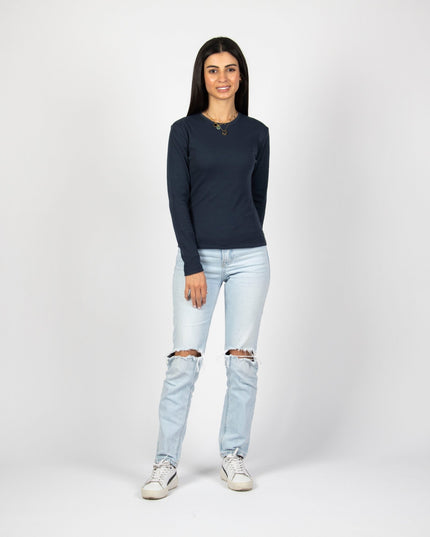 Navy Heather | Women Ribbed Long Sleeve T-shirt - Ribbed Long Sleeve T-shirt - Jobedu Jordan