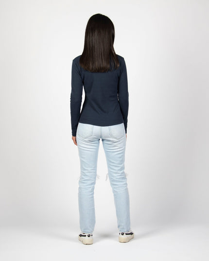 Navy Heather | Women Ribbed Long Sleeve T-shirt - Ribbed Long Sleeve T-shirt - Jobedu Jordan